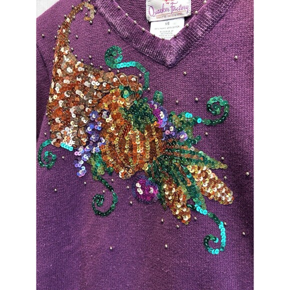 Quacker Factory Tunic Sweater Women's XS Thanksgiving Cornucopia Sequins Beaded - Picture 6 of 10